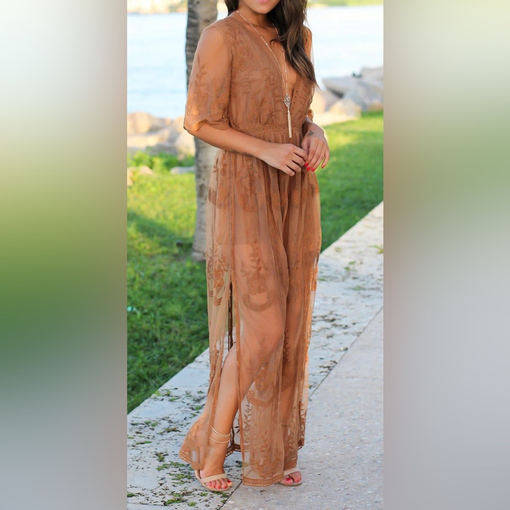 ELETÉR Sz Large Burnt Orange Lace Maxi Romper Dress Boho Floral Embroidered NEW - Picture 7 of 8